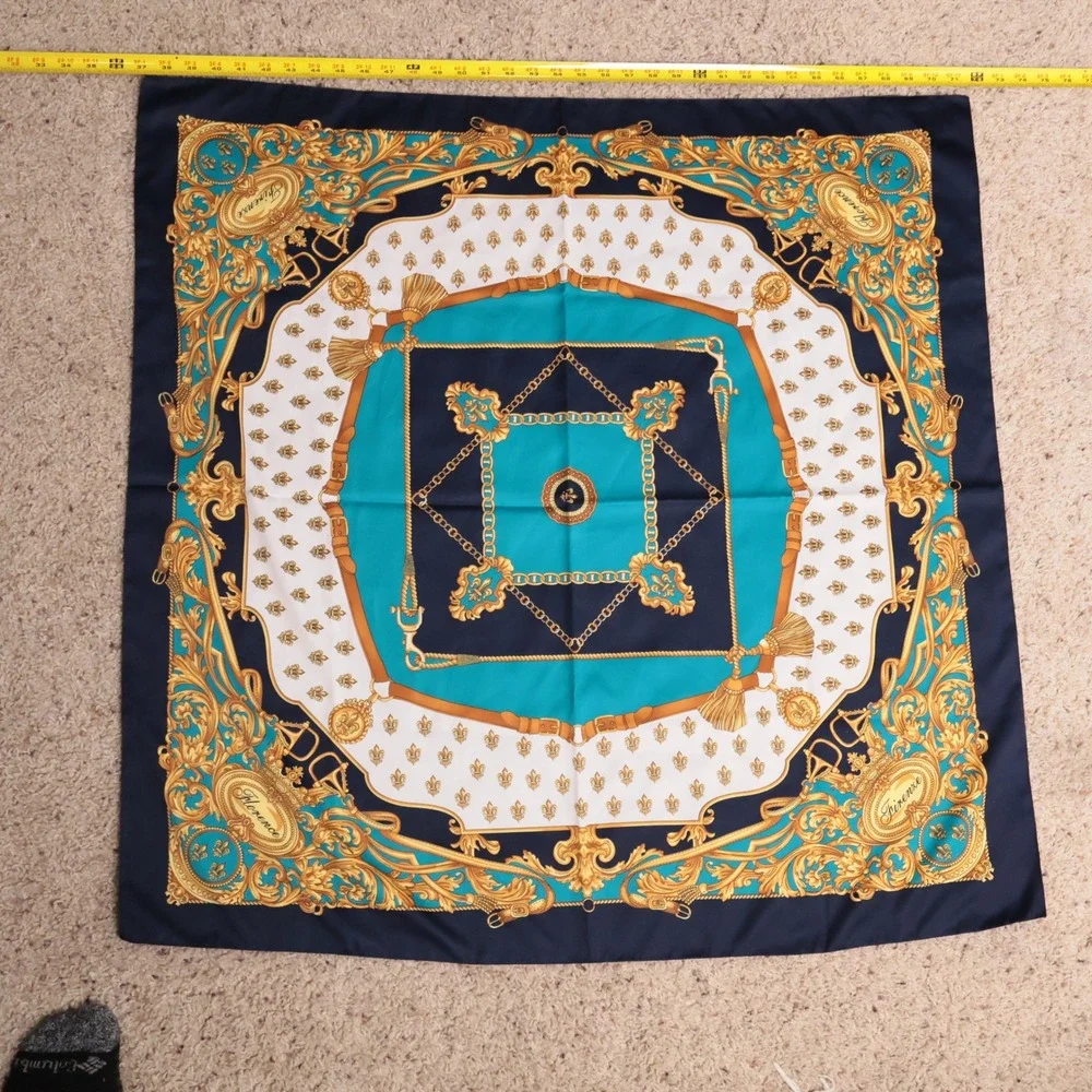 Firenze Italy Scarf Square Baroque Equestrian Fleur de Lis Teal Navy Gold 34x34